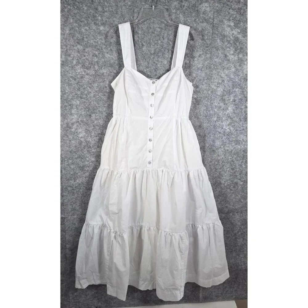 Madewell Suzette Seamed Bodice Tiered Midi Dress Button Front White Sz 6 - Picture 2 of 10